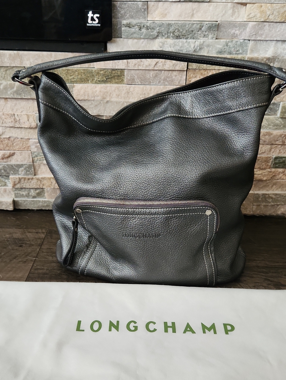 Longchamp Gray/ Gun Metal Pebbled Leather Shoulder Hobo